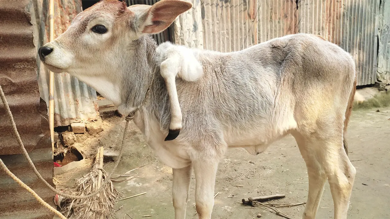 পলাশবাড়িতে অদ্ভুত পা নিয়ে গরুর বাছুরের জন্ম