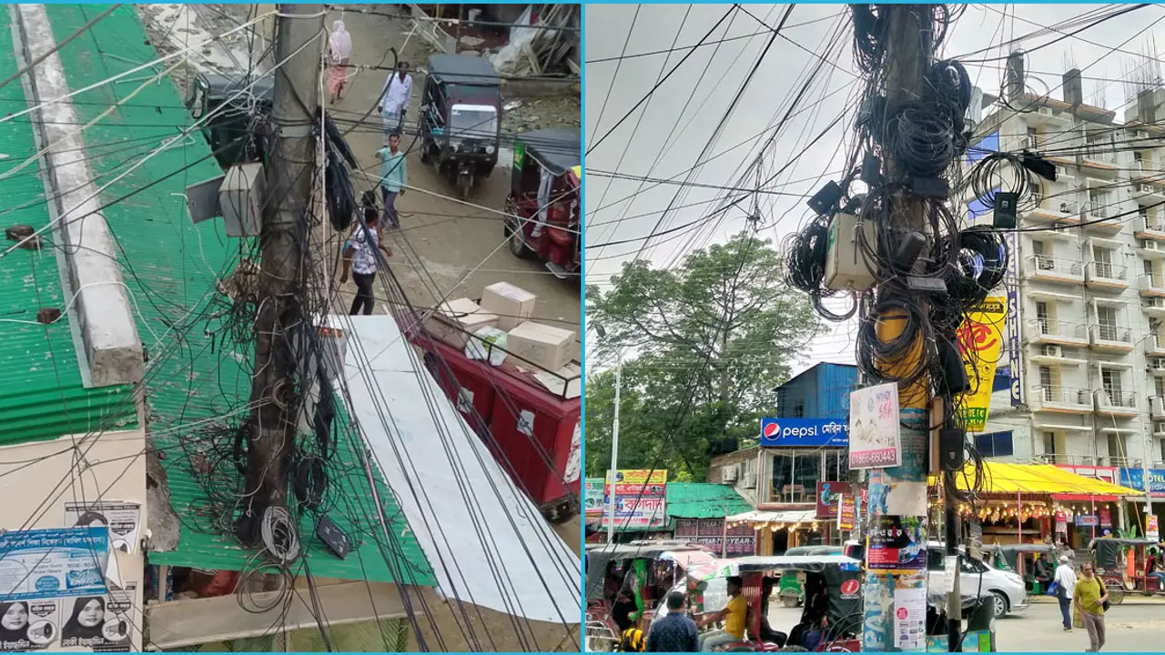 কক্সবাজারে ঝুলন্ত তারের জঞ্জাল, সড়কে বাড়ছে ঝুঁকি