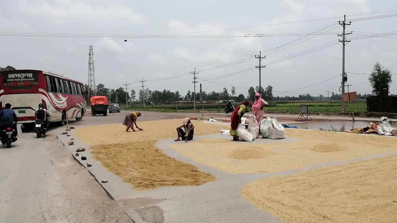 মহাসড়কে শুকানো হচ্ছে ধান-খড়, দুর্ঘটনার আশঙ্কা