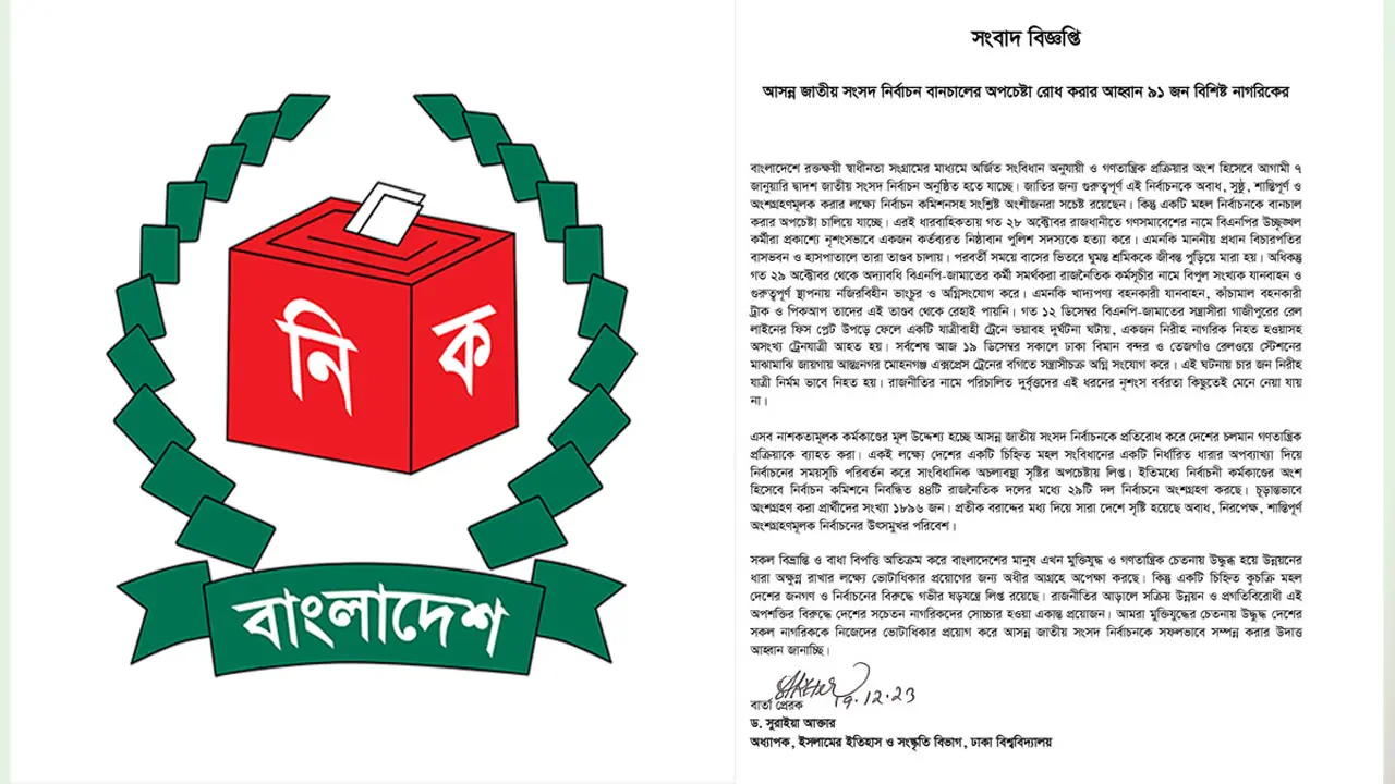 নির্বাচন বানচালের অপচেষ্টা রোধে ৯১ বিশিষ্ট নাগরিকের আহ্বান