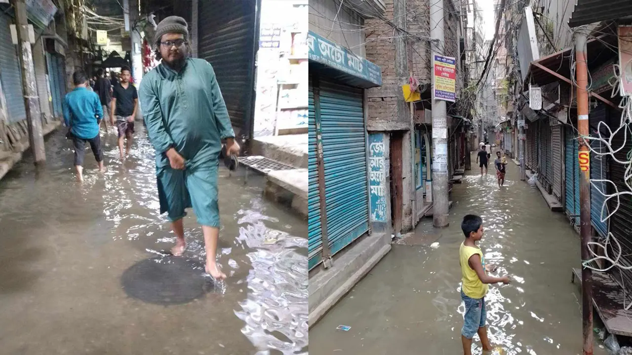 বৃষ্টি ছাড়াই কালো পানিতে ডুবে আছে পুরান ঢাকা