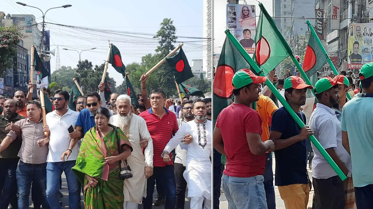 ক্রিকেট স্ট্যাম্পে পতাকা, লাঠি হাতে শান্তি সমাবেশে নেতাকর্মীরা