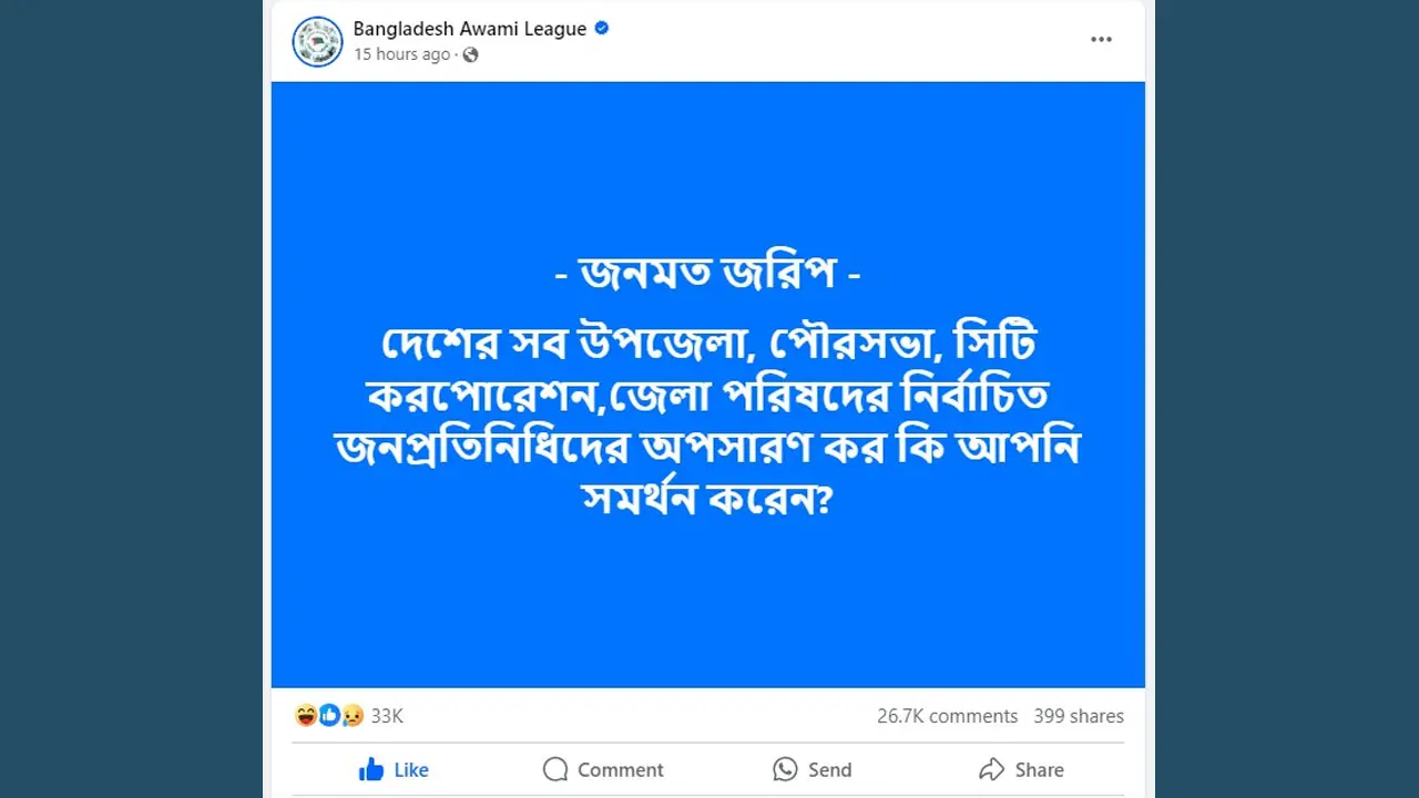 আ.লীগের ফেসবুক জরিপে ৩৩ হাজার প্রতিক্রিয়ায় ১৭ হাজার ‘হা হা’