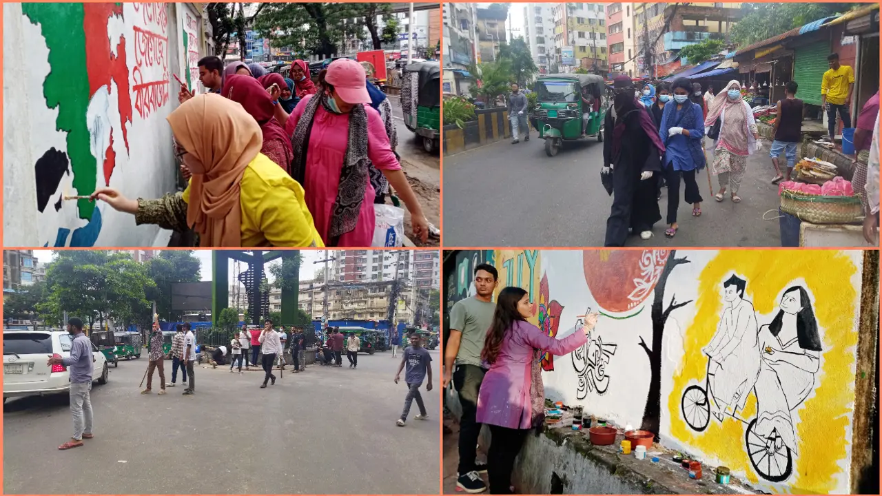 শিক্ষার্থীদের রং-তুলির আঁচড়ে সাজছে দেয়াল, সড়কেও নেই বিশৃঙ্খলা 