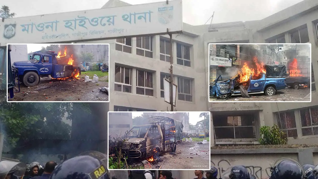 মাওনা হাইওয়ে থানায় হামলা, ২ গাড়িতে আগুন