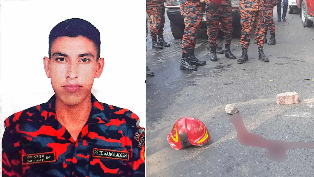 সড়কে পড়ে আছে ফায়ারকর্মী নয়নের হেলমেট ও তাজা রক্ত