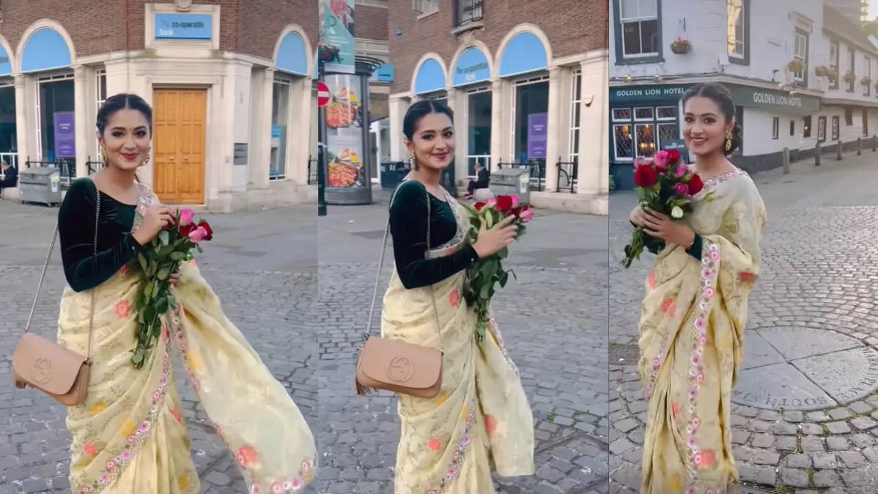 লন্ডনের রাস্তায় শাড়ি পরে গোলাপ হাতে ফারিণ