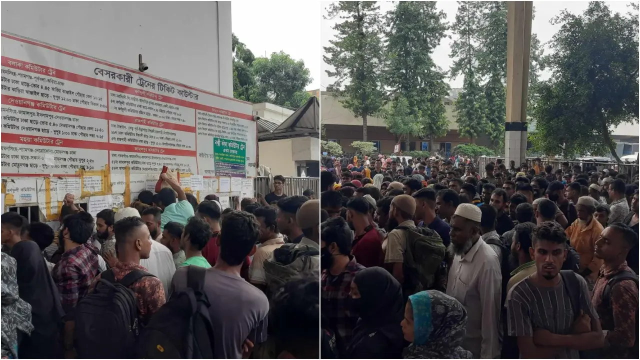 স্ট্যান্ডিং ও কমিউটার ট্রেনের টিকিট পেতে হাজারো মানুষের ভিড়