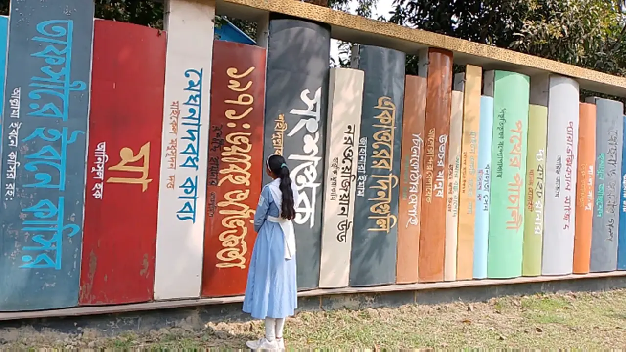 বইয়ের প্রচ্ছদের আদলে করা বাড়ির দেয়াল দেখতে আসছেন দর্শনার্থীরা