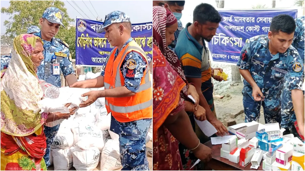 সাতক্ষীরায় প্লাবিত এলাকায় ত্রাণসামগ্রী বিতরণ করল কোস্টগার্ড