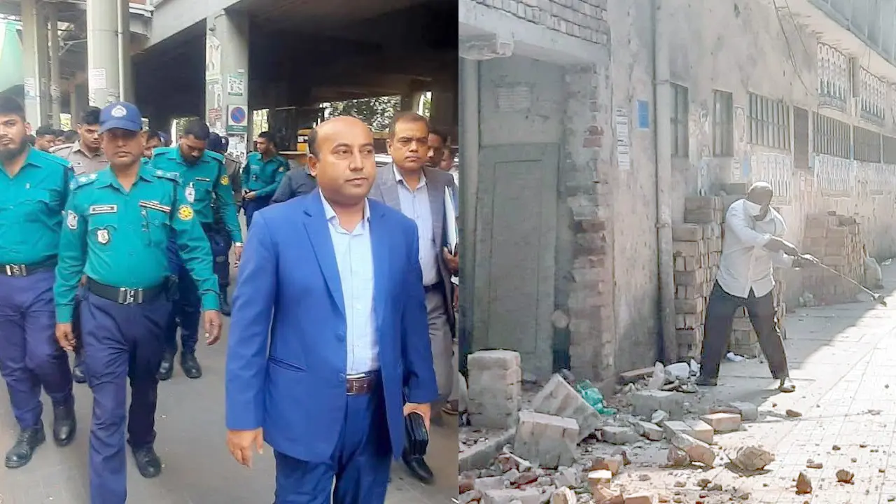 ফুটপাতে নির্মাণ করা অবৈধ স্থাপনা ভেঙে দিলো ডিএসসিসি