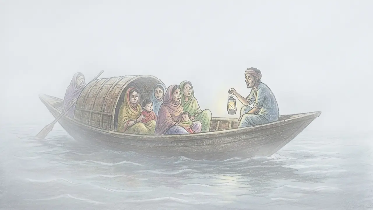 ঘন কুয়াশায় মাঝ নদীতে আটকা বরযাত্রীবাহী নৌকা