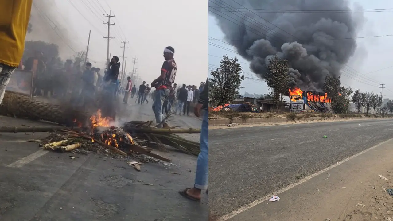 বেক্সিমকোর কারখানা খুলে দেওয়ার দাবিতে মহাসড়ক অবরোধ, যানবাহনে আগুন