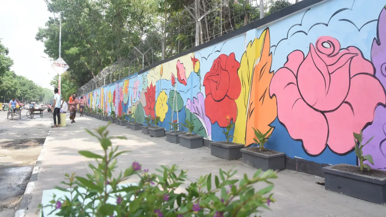 রঙিন গ্রাফিতি আর সারি সারি ফুলের টব, নতুন রূপে ঢামেকের সামনের ফুটপাত