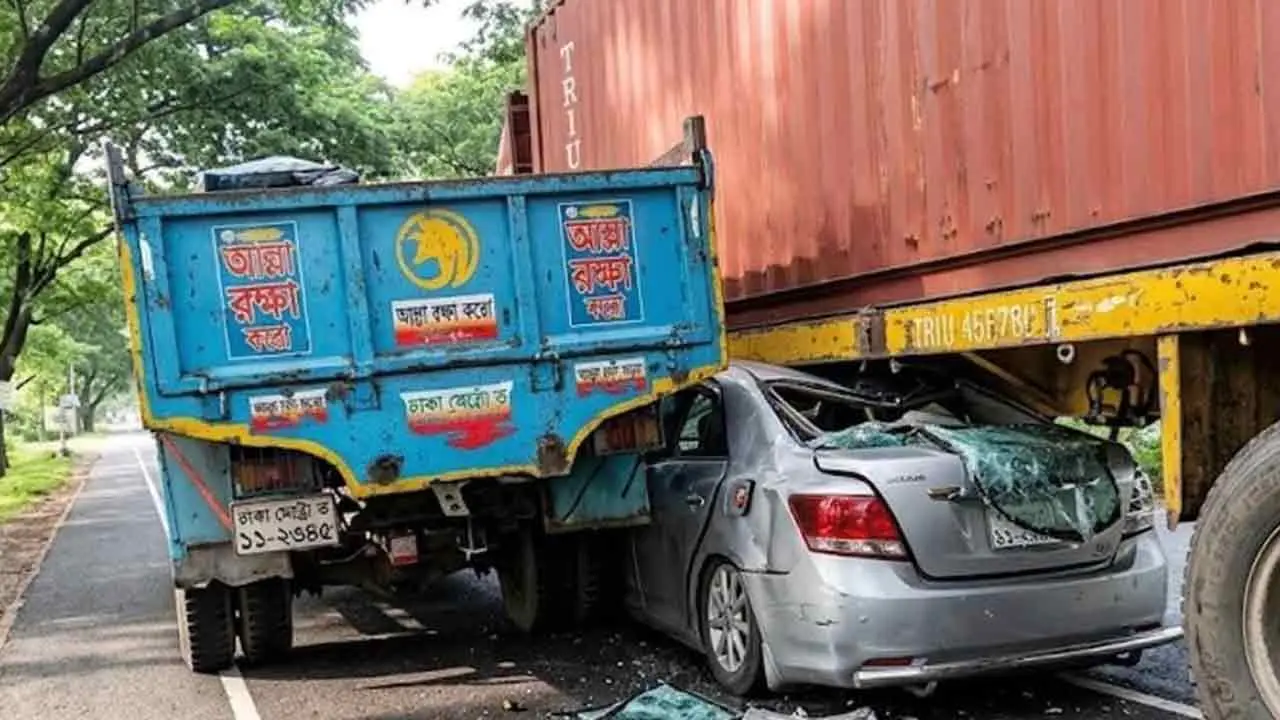 ঢাকা-চট্টগ্রাম মহাসড়কে ট্রাকের নিচে প্রাইভেটকার, টেনে নিল ২০০ মিটার
