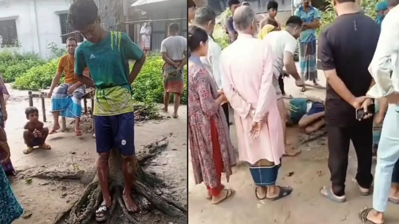 চোর সন্দেহে গাছে বেঁধে মায়ের সামনে ছেলেকে বেধড়ক মারধর