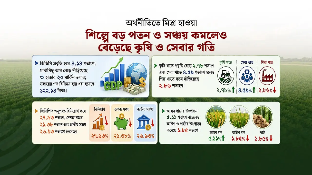 শিল্পে বড় পতন ও সঞ্চয় কমলেও বেড়েছে কৃষি ও সেবার গতি
