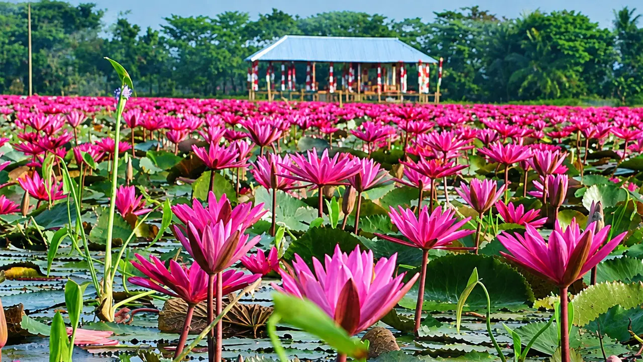 মুগ্ধতা ছড়াচ্ছে বরিশালের লাল শাপলার বিল