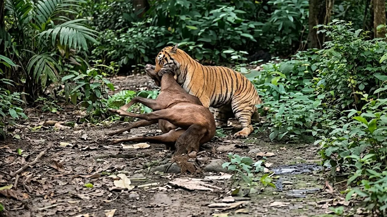 সবার সামনে ঘোড়াকে টেনে নিয়ে গেলো বাঘ (ভিডিও)