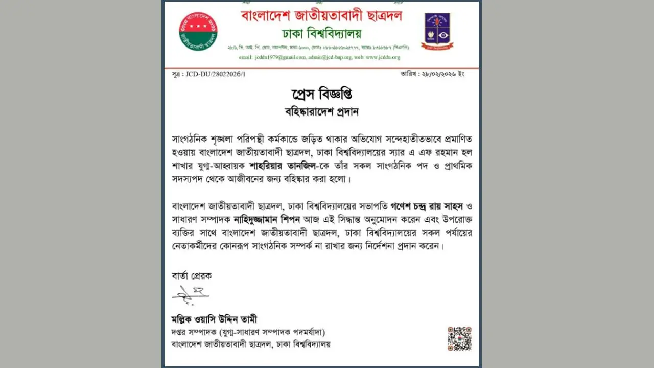 শৃঙ্খলাভঙ্গের দায়ে ঢাবি ছাত্রদল নেতাকে বহিষ্কারাদেশ