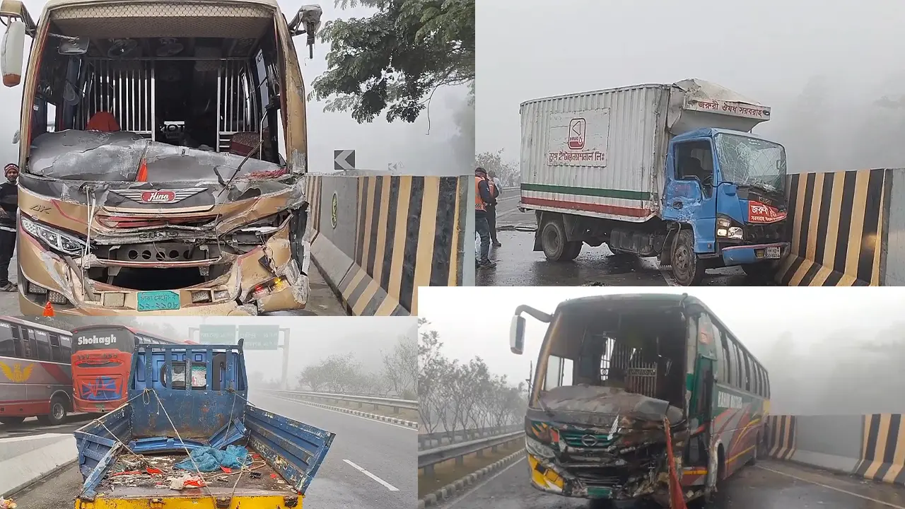 ঘন কুয়াশায় এক্সপ্রেসওয়েতে তিন গাড়ির সংঘর্ষ, আহত ১০