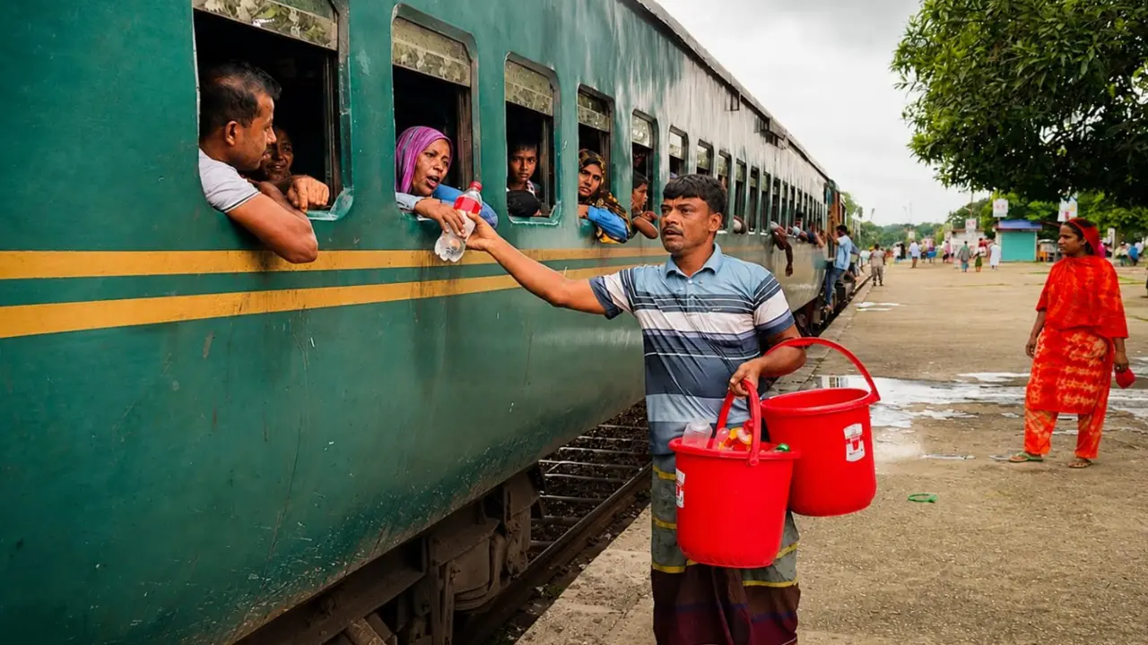 বিনামূল্যে ট্রেনের তৃষ্ণার্ত যাত্রীদের পানি পান করান মুন্নু শেখ