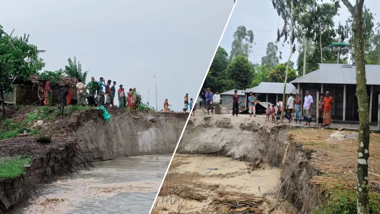 গাইবান্ধায় কয়েক ঘণ্টার ব্যবধানে নদীগর্ভে বিলীন শতাধিক বসতভিটা