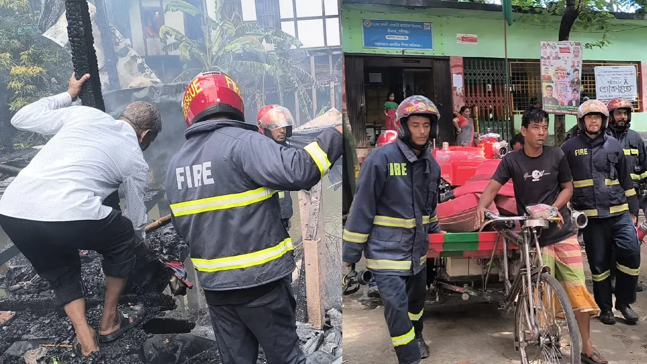 গাড়ি যাওয়ার রাস্তা নেই, ভ্যানে করে সরঞ্জাম নিয়ে আগুন নেভাল ফায়ার সার্ভিস